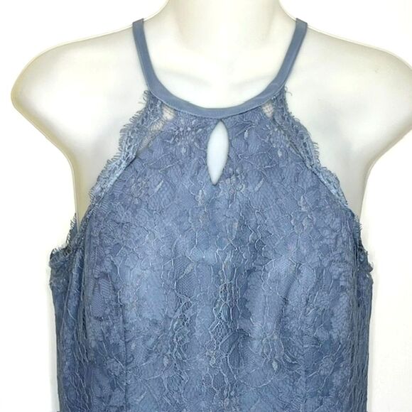 AZAZIE DUSTY BLUE LACE & CHIFFON FORMAL KEYHOLE HALTER TOP BRIDESMAID MOB MOG - Picture 3 of 12